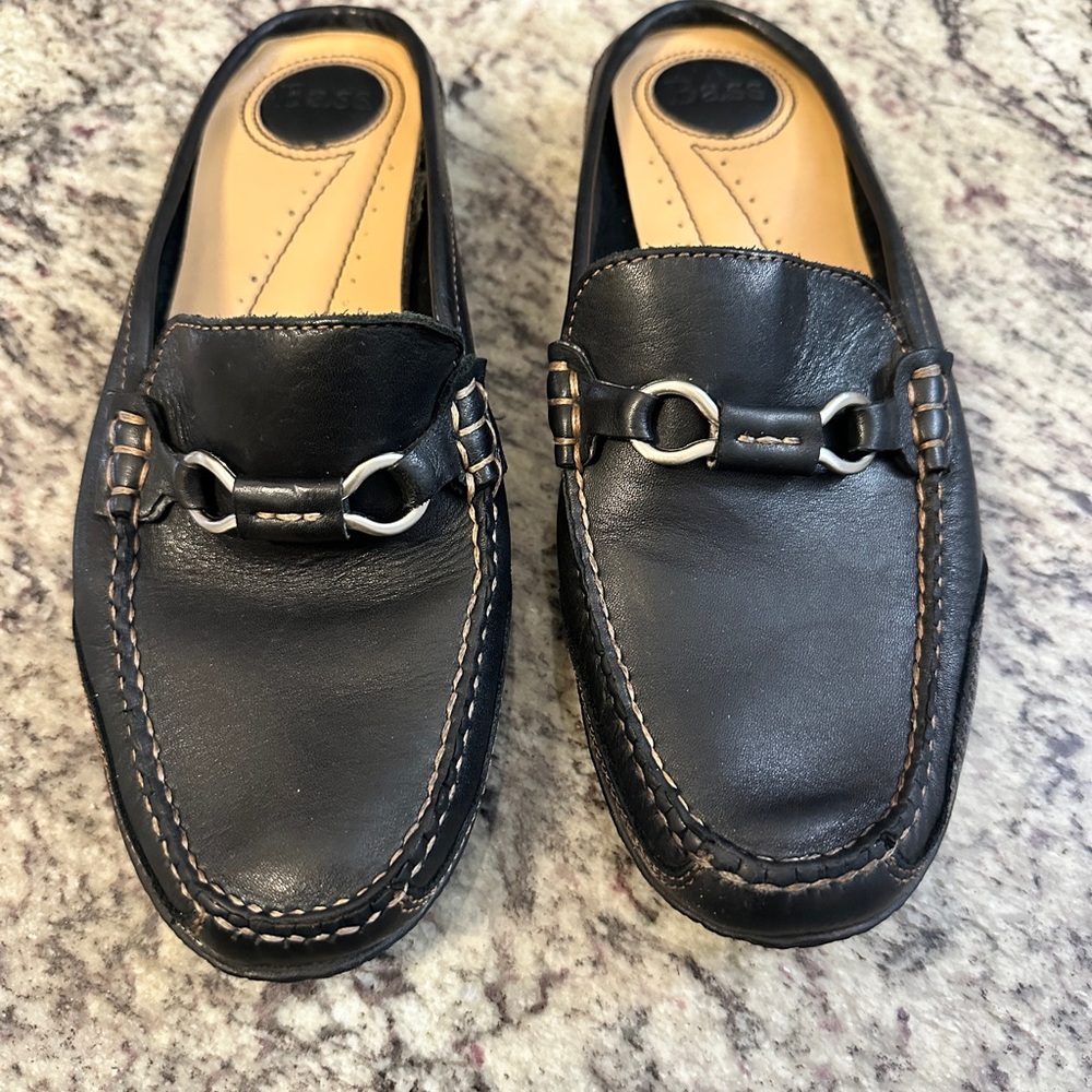 G.H. Bass Trolley Drivers Moc Mules Black Leather Slip-On Clog Shoes Womens 7M